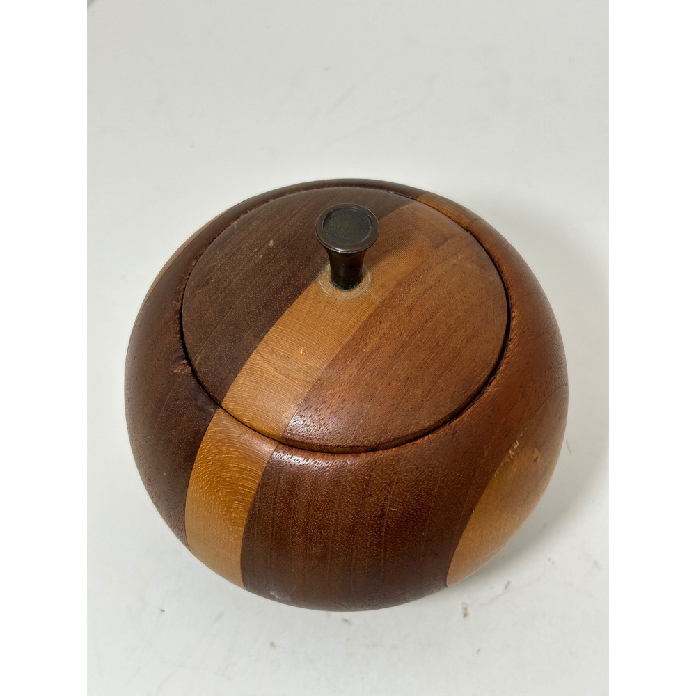Vintage MCM Hand Turned Mixed Wood Inlay Apple Jar with Lid Brown Striped - Picture 5 of 8
